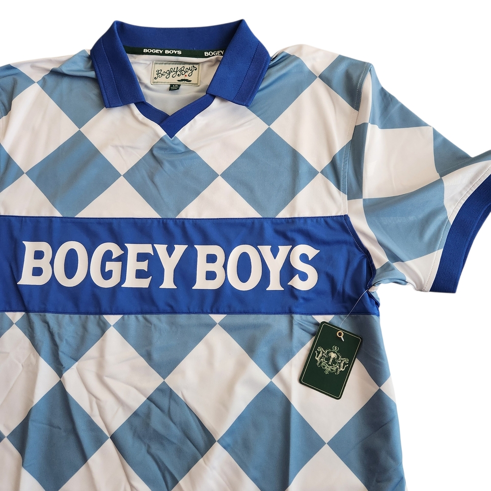 Bogey Boys Checkered Blue Golf Polo Jersey Shirt Mens L Short Sleeve Performance